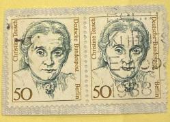 Almanya Pulu - Germany Stamp -  Mektup Zarfından Kesilmiş  / Postadan Geçmiş İkili Pul Filateli - Damgalı - CHRISTINE TEUSCH, 50 PARA - YABANCI PULLAR - NOSTALJİK DOĞUM GÜNÜ HEDİYESİ