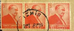 Mektup Zarfından Kesilmiş  / Postadan Geçmiş Üçlü Pul Filateli - İzmir 18.1.1962 Damgalı - ATATÜRK, 3 KURUŞ - Türkiye Cumhuriyeti - Turkish Stamp - NOSTALJİK DOĞUM GÜNÜ HEDİYESİ