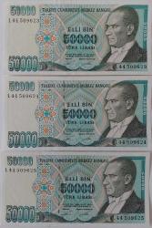 7.EMİSYON 1.TERTİP ELLİ BİN 50.000 TÜRK LİRASI RAKAM SIRALI KAĞIT PARALAR L44509623-L44509624-L44509625 ÇİL NADİR