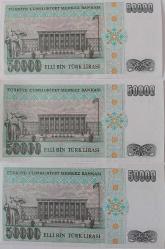 7.EMİSYON 1.TERTİP ELLİ BİN 50.000 TÜRK LİRASI RAKAM SIRALI KAĞIT PARALAR L44509623-L44509624-L44509625 ÇİL NADİR