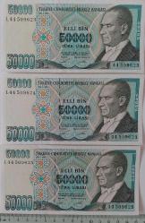 7.EMİSYON 1.TERTİP ELLİ BİN 50.000 TÜRK LİRASI RAKAM SIRALI KAĞIT PARALAR L44509623-L44509624-L44509625 ÇİL NADİR