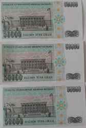 7.EMİSYON 1.TERTİP ELLİ BİN 50.000 TÜRK LİRASI RAKAM SIRALI KAĞIT PARALAR L44509623-L44509624-L44509625 ÇİL NADİR