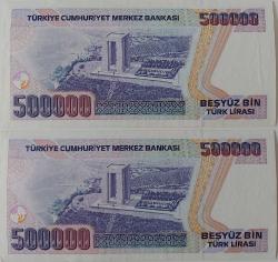 7.EMİSYON 3.TERTİP BEŞYÜZ BİN 500.000 TÜRK LİRASI RAKAM SIRALI KAĞIT PARALAR F51378786-F51378785 DESTE ÇİLİ NADİR