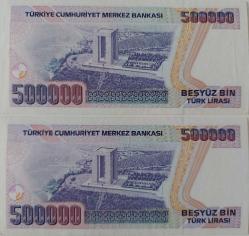 7.EMİSYON 3.TERTİP BEŞYÜZ BİN 500.000 TÜRK LİRASI RAKAM SIRALI KAĞIT PARALAR F51378786-F51378785 DESTE ÇİLİ NADİR