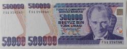7.EMİSYON 3.TERTİP BEŞYÜZ BİN 500.000 TÜRK LİRASI RAKAM SIRALI KAĞIT PARALAR F51378786-F51378785 DESTE ÇİLİ NADİR