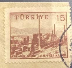 Mektup Zarfından Kesilmiş  / Postadan Geçmiş Pul Filateli - Damgalı - KARABÜK DEMİR ÇELİK FABRİKASI, 15 PARA - Türkiye Cumhuriyeti - Turkish Stamp - NOSTALJİK DOĞUM GÜNÜ HEDİYESİ