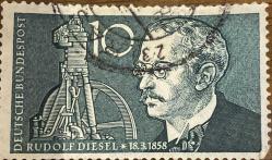 Almanya Pulu - Germany Stamp -  Mektup Zarfından Kesilmiş  / Postadan Geçmiş Pul Filateli - Damgalı - ALMAN PULU RUDOLF DIESEL 18.3.1858 , 10 PARA - YABANCI PULLAR - NOSTALJİK DOĞUM GÜNÜ HEDİYESİ