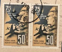 Mektup Zarfından Kesilmiş  / Postadan Geçmiş İkili Pul Filateli - Uşak, 29.8.1961 Damgalı - TÜRK HAVA KUVVETLERİ 50. YIL 1911-1961, 40 KURUŞ - Türkiye Cumhuriyeti - Turkish Stamp - NOSTALJİK DOĞUM GÜNÜ HEDİYESİ