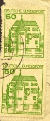 Almanya Pulu - Germany Stamp -  Mektup Zarfından Kesilmiş  / Postadan Geçmiş İkili Pul Filateli - Damgalı -  WASSERSCHLOSS INZLINGEN, 50 PARA - YABANCI PULLAR - NOSTALJİK DOĞUM GÜNÜ HEDİYESİ