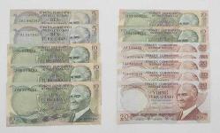 Türkiye, 5-10-20 Lira, 1976/1983, 6.Emission In different condition between XF and AUNC, (Total 10 Banknotes), Stained