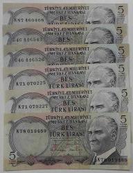 6 EMİSYON 5 LİRA SERİ K-G HARFLERİ ÇİL TOPLAM 6 ADET (2 ADET ÇİLALTI)