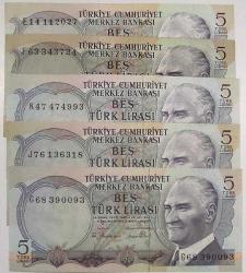 6 EMİSYON 5 LİRA SERİ E-F-G-J-K HARFLERİ ÇİLALTI 5 ADET