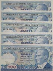 7 EMİSYON 500 LİRA SERİ A-B-C-D-E HARFLERİ ÇİL E02 ÇİLALTI