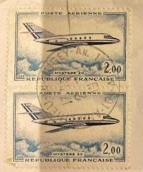 Fransa Pulu - France Stamp - Mektup Zarfından Kesilmiş  / Postadan Geçmiş İkili Pul Filateli - Damgalı - UÇAK TEMALI FRANSIZ PULU, 2.00 PARA - YABANCI PULLAR -NOSTALJİK DOĞUM GÜNÜ HEDİYESİ