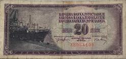 Yugoslavya 1974 20 Dinar Orjinal Yabancı Kağıt Para