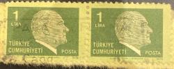 Mektup Zarfından Kesilmiş  / Postadan Geçmiş İkili Pul Filateli - Damgalı - ATATÜRK , 1 LİRA - Türkiye Cumhuriyeti - Turkish Stamp - NOSTALJİK DOĞUM GÜNÜ HEDİYESİ