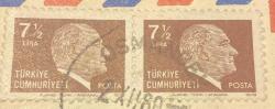 Mektup Zarfından Kesilmiş  / Postadan Geçmiş İkili Pul Filateli - Damgalı - ATATÜRK, 7 1/2 LİRA - Türkiye Cumhuriyeti - Turkish Stamp - NOSTALJİK DOĞUM GÜNÜ HEDİYESİ