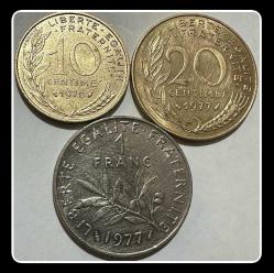 1976 / 1977 / 1977 - 10 - 20 Centimes / 1 Frank FRANSA 3’lü Takım (YBMF67) KM#929/KM#930/KM#925