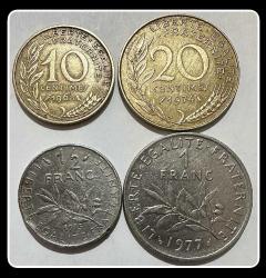 1968 / 1974 / 1975 / 1977 - 10 - 20 Centimes | 1/2 Frank -1 Frank FRANSA 4’lü Takım (YBMF87) KM#929/KM#930/KM#931/KM#925
