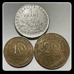 1968 / 1988 / 1977 - 10 - 20 Centimes / 1 Frank FRANSA 3’lü Takım (YBMF88) KM#929/KM#930/KM#925