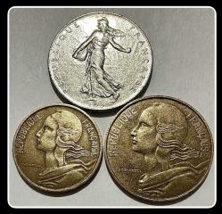 1968 / 1988 / 1977 - 10 - 20 Centimes / 1 Frank FRANSA 3’lü Takım (YBMF88) KM#929/KM#930/KM#925