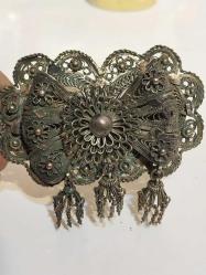 Kemer Tokası,  Antika Osmanlı Dönemi Düşük Ayar Gümüş Telkari Kemer Tokası. 5 x 9 cm.