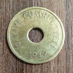1 KURUŞ 1949 pirinç delikli madeni parası Türk Lirası İsmet İnönü dönemi para (74)