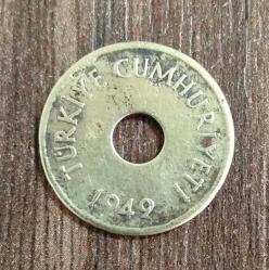 1 KURUŞ 1949 pirinç delikli madeni parası Türk Lirası İsmet İnönü dönemi para (79)