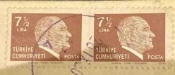 Türk Pulu - Turkish Stamp - Mektup Zarfından Kesilmiş  / Postadan Geçmiş İkili Pul Filateli - Damgalı - ATATÜRK, 7 1/2 LİRA - Türkiye Cumhuriyeti - NOSTALJİK DOĞUM GÜNÜ HEDİYESİ