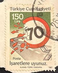 Türk Pulu - Turkish Stamp - Mektup Zarfından Kesilmiş  / Postadan Geçmiş Pul Filateli - Damgalı - TRAFİK İŞARETLERİNE UYUNUZ TEMALI PUL 1987, 150 LİRA - Türkiye Cumhuriyeti - NOSTALJİK DOĞUM GÜNÜ HEDİYESİ