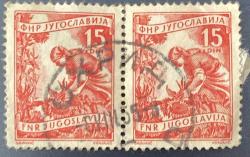 Yugoslavya Pulu - Yugoslavia Stamp - Mektup Zarfından Kesilmiş  / Postadan Geçmiş İkili Pul Filateli - Ağustos 1955 Damgalı -Yugoslavya Pulu, 15 PARA - YABANCI PULLAR -NOSTALJİK DOĞUM GÜNÜ HEDİYESİ