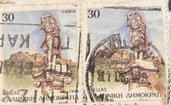 Yunanistan Pulu - Greek Stamp - Mektup Zarfından Kesilmiş  / Postadan Geçmiş İkili Pul Filateli - DAMGALI - HEYKEL TEMALI YUNAN PULU, 30 PARA - YABANCI PULLAR -NOSTALJİK DOĞUM GÜNÜ HEDİYESİ