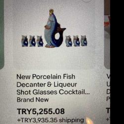 RUS PORSELEN ŞİŞE BALIK VE YAVRULARI VOTKA, LİKÖR TAKIMI SHOT BARDAKLARI İLE