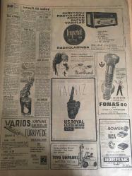 HÜRRİYET GAZETESİ 9 KASIM 1964 YIL :17 SAYI :5937--İsveçli iki subay Rumlara karşı çarpışmak istiyor: İki teğmen gönüllü Kıbrıs a gitmek  arzusunda  ---Bilgiç ve Demirel dün gövde gösterisi yaptı ---Tahliye edilen Bayar kızının evine geldi ---Kayseri de 5 siyasi mahkum kaldı ---Ameliyatta boynunda gazlı bez unutulmuş ---Keban sitesi ihale edildi şantiye tesislerinin  inşasına da başlandı ---Beşiktaş mağlup :1-0---Galatasaray  dün de G.Birliği ne yenildi :2-1---Feriköy -PTT berabere  kaldı :0-0---Beykoz ile Altay yenişemedi ---Rus elçiliğinden resmi kabul son yılların  en neşelisi oldu ---Bir adam  evlenirken karısı ile 5 çocuğunun baskısına uğradı ---Roma da ki Sovyet Elçiliği Bahçesine Bomba Atıldı---MTTB Başkanı İsveç Kralına Telgraf Çekti --Sahte 500 lük ele geçirildi ---Misafir  geldiği evde kaza ile komşunun kızını yaraladı --Moskova da her şeyi vesikasız almak kabil ---