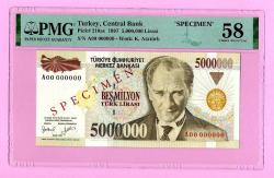 TÜRKİYE Central Bank 5000000 Lira SPECIMEN Pick210as 1997 PMG 58 aUNC ÇİLALTI