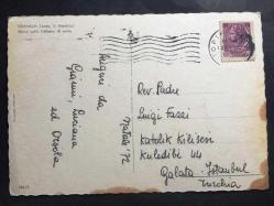 MERYEM ANA ve KUCAĞINDA BEBEK İSA TASVİRİ, HRİSTİYANLIK KARTPOSTALI -  İTALYA PULUYLA,  - İSTANBUL- GALATA, KULEDİBİ KATOLİK KİLİSESİNE YAZILI MEKTUP - 15 x 10 cm EBADINDA, ORİJİNAL