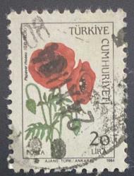 Türk Pulu - Turkish Stamp - Mektup Zarfından Kesilmiş  / Postadan Geçmiş Pul Filateli - DAMGALI - GELİNCİK ÇİÇEĞİ TEMALI PUL, 20 LİRA - Türkiye Cumhuriyeti - NOSTALJİK DOĞUM GÜNÜ HEDİYESİ