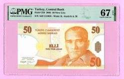 TÜRKİYE TURKEY 50 YTL 2005 P220 SN A59 SUPERB GEM UNC PMG 57 EPQ (TK 16 982) ÇİL