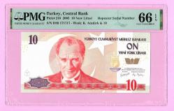 TÜRKİYE Turkey 10 YTL 2005 PREFIX --D89 17 17 17-- P218 UNC PMG 66 EPQ (TK 16 981) ÇİL