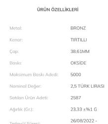 BÜYÜK TAARRUZUN 100 YILI BRONZ oxide DARPHANE SERTFIKALI