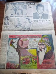 Cumhuriyet  Pazar Gazetesi - 23 Eylül 1951 - Yedi Dakika Yazan Doğan Nadi - Hırsızlara Kalpazanlara Ve Polislere Dair Karikatür - Atlantik Paktı Devletleri Ve Avrupa Birliği Davası Yazan General Dwight Eisenhower - Türk Zabıtasının Yakın Tarihinden Meraklı Yapraklar 3 Derede Bulunan Çocuk Cesedi Yazan Feyyaz Tokay - Sherlock Holmes'in Meselelerinden 717 Muamması - Anadolu Efsaneleri Ana Alihe Kibele Yazan Halikarnas Balıkçısı - Fen Aleminde Atom Kuvvetiyle İşleyecek İlk Bombardıman Tayyaresi - Puro Tuvalet Sabunu - İngiliz Hayatından Sahneler - Herkes Biraz Ruh Hastasıdır - Moda Muhasebesinin Yeni Zaferleri - Gozüpek Bir Artist Gregory Peck -  Lana Turner - Venedik Festivali Ve Gene Tierney - Hollywood'dan Ne Haber - İster İnan İster İnanma Köşesi - Hind Mihraceleri sen 2. Hari Hara