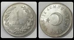 1948-1 Lira (T.C Ters) Gümüş (Ag 0,600/7,5 Gr) TCM1948 / KM#883