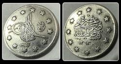 1293/22. (۱۲۹۳/۲۲ ) Cülus “2 KURUŞ” (2.4 Gram Gümüş) OSM222  “II.ABDÜLHAMİD” KM#736