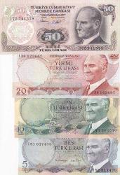 Türkiye, 5-10-20-50 Lira, 1976/1983, UNC, p185; p186; p187b; p188, 6.Emission (Total 4 banknotes)