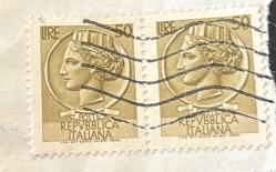 İtalya Pulu - Italia Stamp - Mektup Zarfından Kesilmiş / Postadan Geçmiş İkili Pul Filateli - REPVBBLİCA, 50 LIRE - YABANCI PULLAR, NOSTALJİK DOĞUM GÜNÜ HEDİYESİ