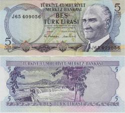 6. EMİSYON 2. TERTİP 5 LİRA J65 SERİ. 1976-83. ÇİL KONDİSYON.