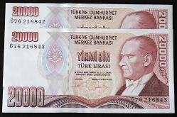 Türkiye Cumhuriyeti  7.emisyon 2. Tertip G Serisi 20 000 Bin Lira G76 216842 - 43  Seri Takipli  Çil