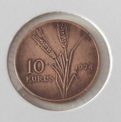 1974 ON 10 KURUŞ BAKIR-BRONZ ALAŞIMI ÇOK ÇOK TEMİZ ORİJİNALDİR 2Y1ZZ1