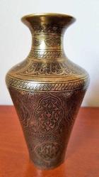 Bronz yüzeyi el kakmalı İslamik antika vazo. 19. Y.y. Y:17cm