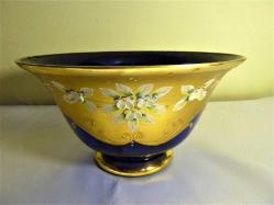 Altın yaldız ve mine işlemeli Bohem lacivert el boyaması meyvelik Y:14cm. Ağız çapı: 24cm.